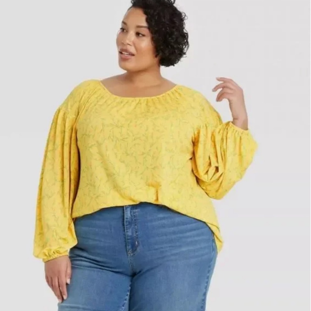 Women's Plus-Long Sleeve Knit Blouse - Ava & Viv, Yellow; Floral Print, 1x (16)